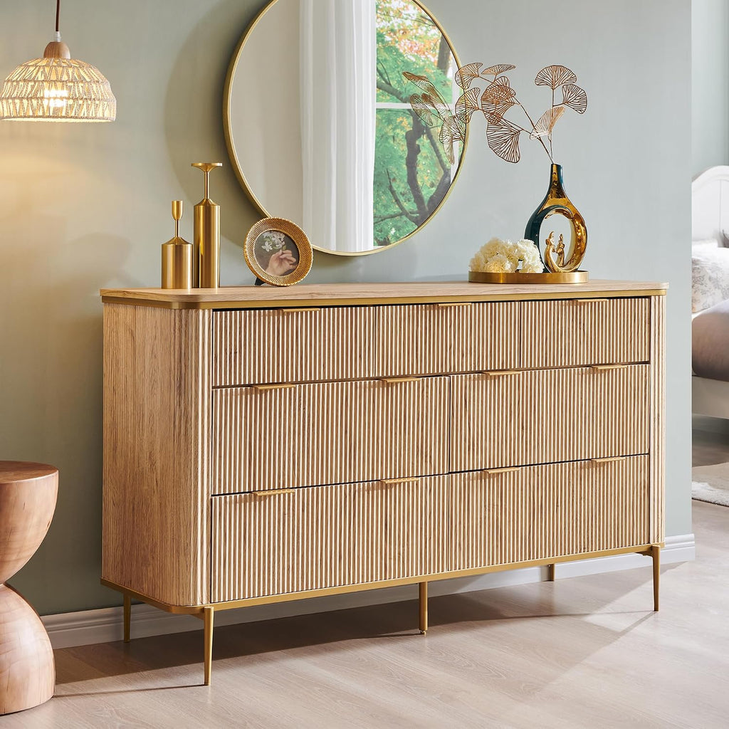 T4TREAM Fluted 7 Drawers Dresser for Bedroom, 54' Wide Modern Dresser TV Stand, Gold Accents, Fluted Fronts, Wood Storage Dressers Organizer for Bedroom, Living Room, Natural Oak