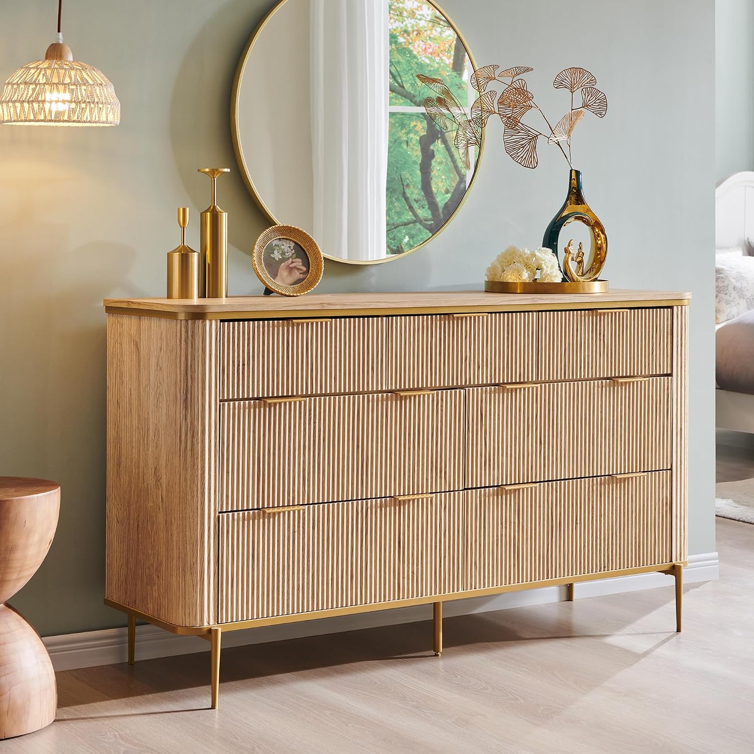 T4TREAM Fluted 7 Drawers Dresser for Bedroom, 54' Wide Modern Dresser TV Stand, Gold Accents, Fluted Fronts, Wood Storage Dressers Organizer for Bedroom, Living Room, Natural Oak