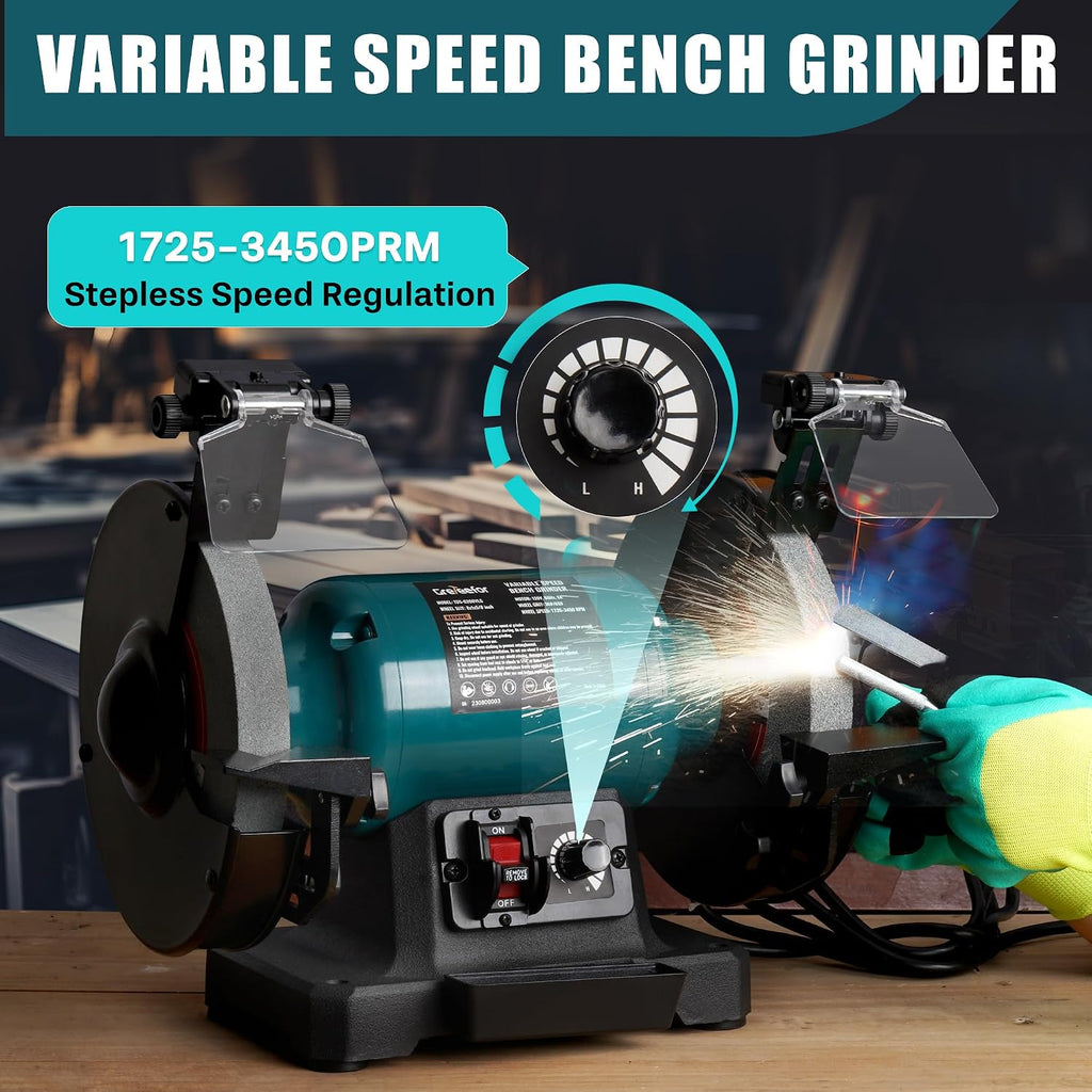 6-Inch Variable Speed Bench Grinder with Grinding Wheel Dresser, 1725–3450 RPM 2.5 Amp Brushless Induction Motor, LED Work Light, Eye Shields, Cast-Iron Base for Sharpening, Grinding & Polishing