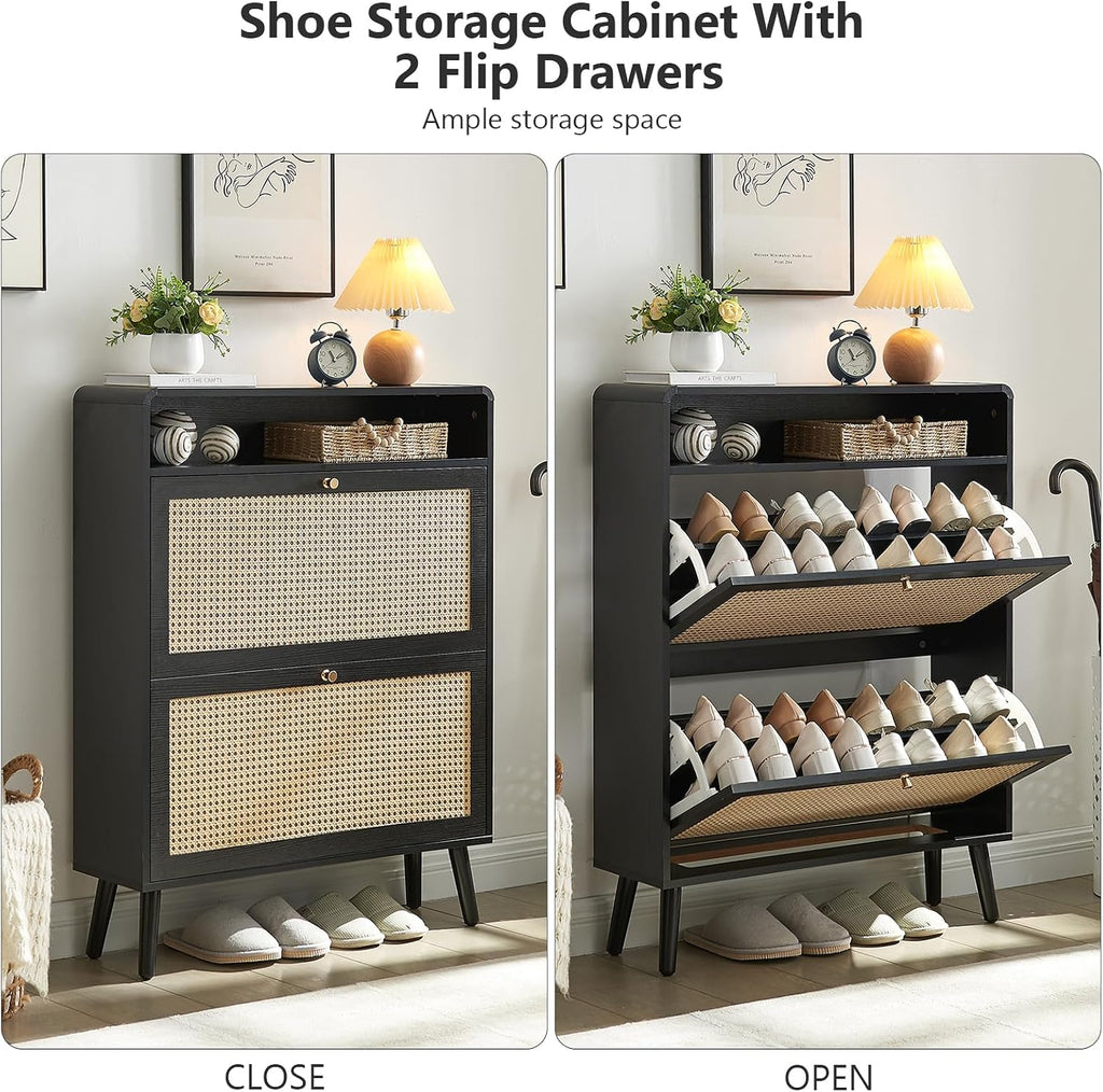 Shoe Storage Cabinet with 2 Flip Drawer Natural Rattan Shoe Cabinet Organizer Freestanding Wooden Shoe Rack Storage Cabinet with Metal Legs for Entryway Hallway Bedroom Mudroom(Black)