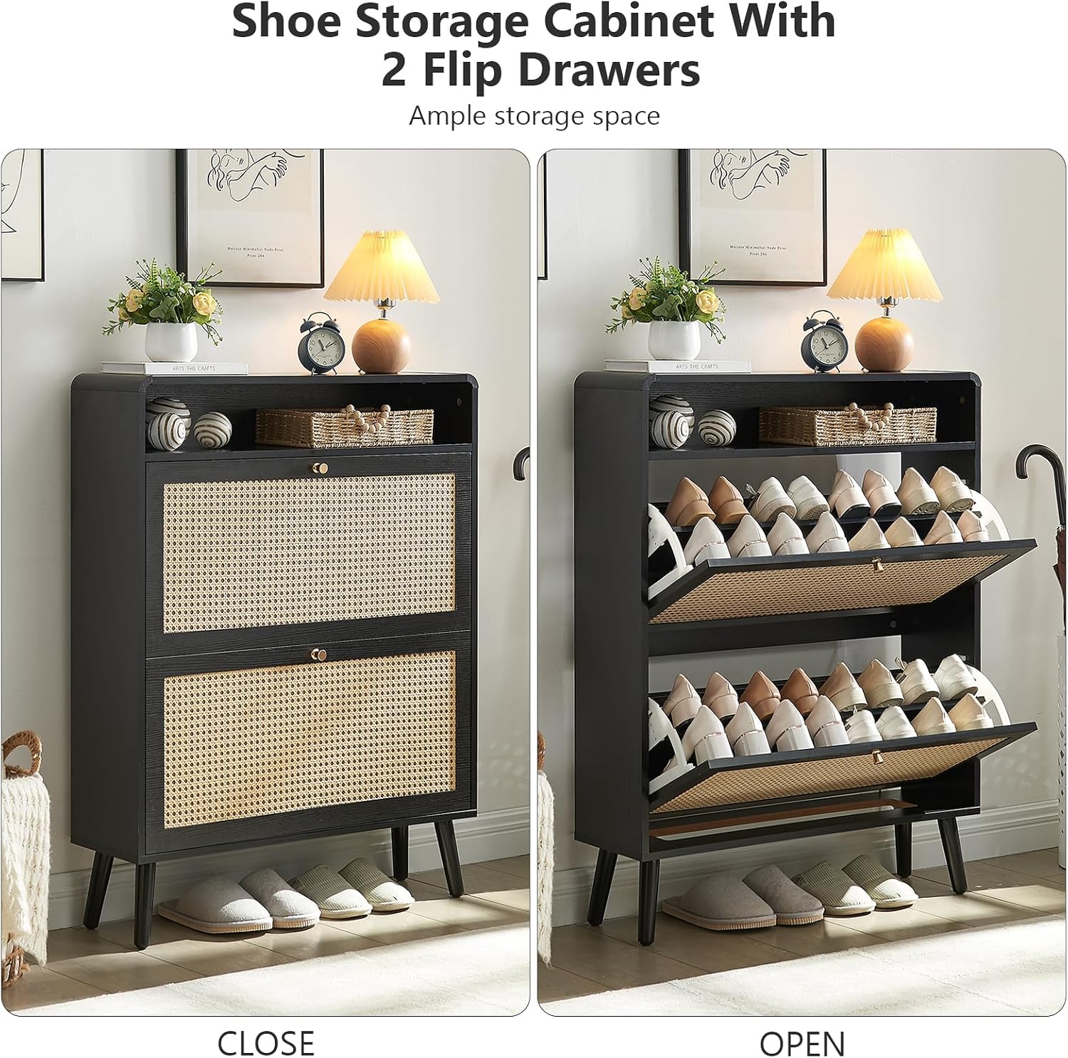 Shoe Storage Cabinet with 2 Flip Drawer Natural Rattan Shoe Cabinet Organizer Freestanding Wooden Shoe Rack Storage Cabinet with Metal Legs for Entryway Hallway Bedroom Mudroom(Black)