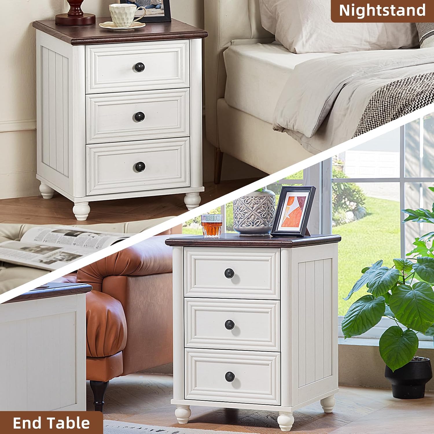 RWYHG Farmhouse Dresser and Nightstand Sets 4 Piece, Wooden 7 Drawers Dresser & 43.5' Tall Chest of Drawers, 18' Roman Column Nightstand Set of 2, Furniture Dressers for Bedroom, Living Room