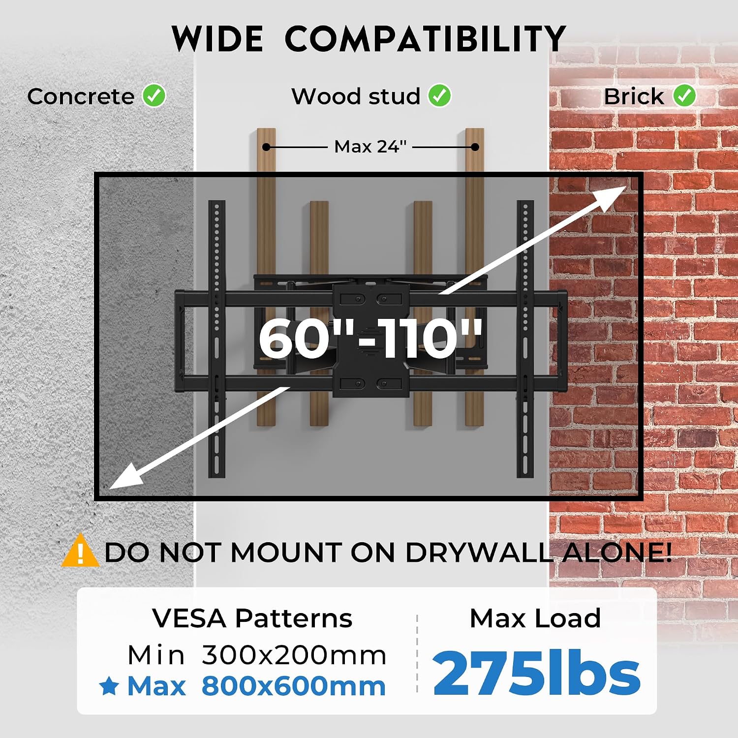 Heavy Duty TV Wall Mount with Extra Long Extendable Arm for 60–110 Inch TVs, Holds Up to 275lbs, Full Motion Bracket with Corner Swivel and Tilt, Max VESA 800x600mm, Fits 24' Studs, Wide Compatibility