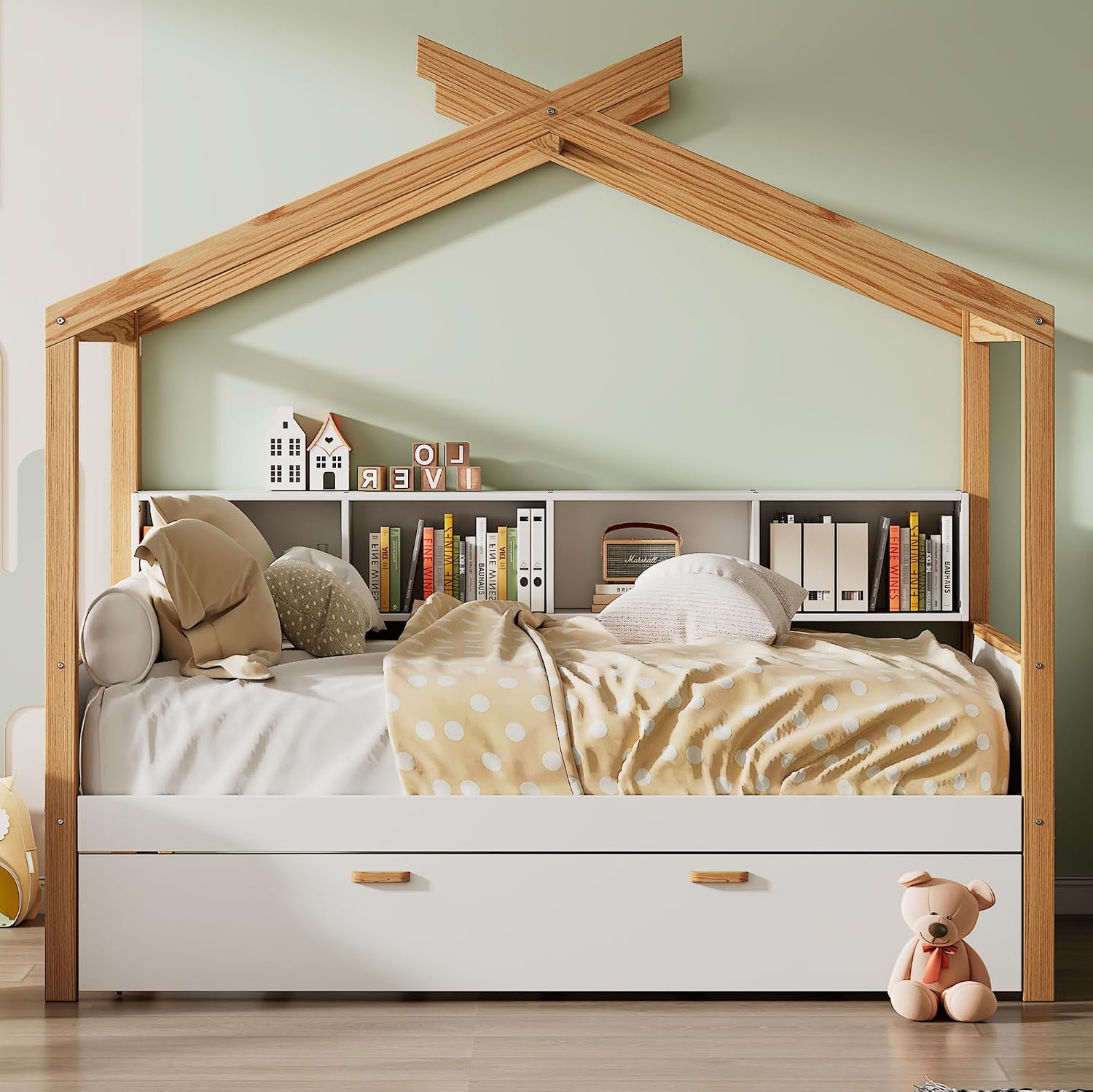 Virubi Full Size Wood House Bed for Kids, Wood Frame Daybed with Twin Size Trundle and Open Bookshelf for Boys Girls Teens Children Bedroom Guest Room (White+Trundle, Full)