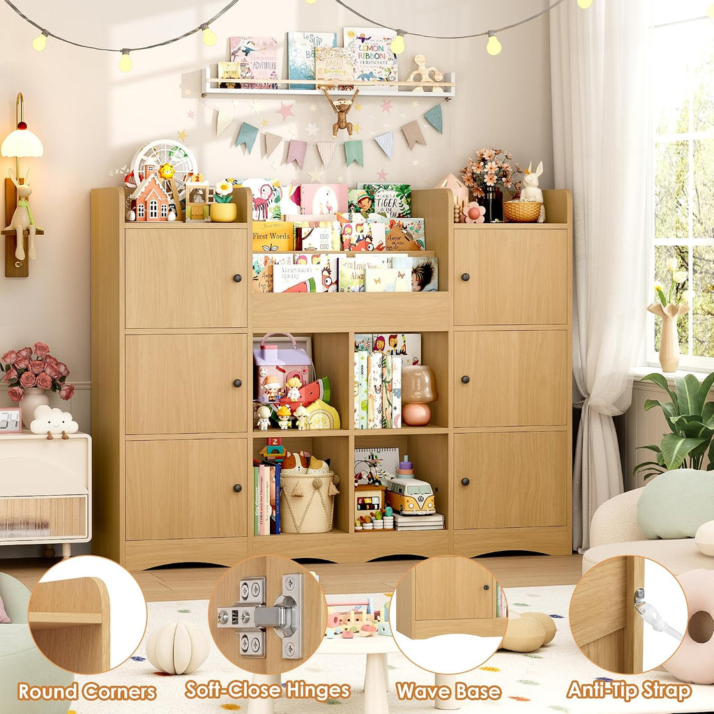 FINETONES Toy Shelf and Toy Storage, 55' Large Kids Bookshelf Toy Organizers and Storage with 10 Cubbies and 4 Tier Shelf, Toy Organizer and Chest with Raised-Edge Top Shelf for Playroom, Natural