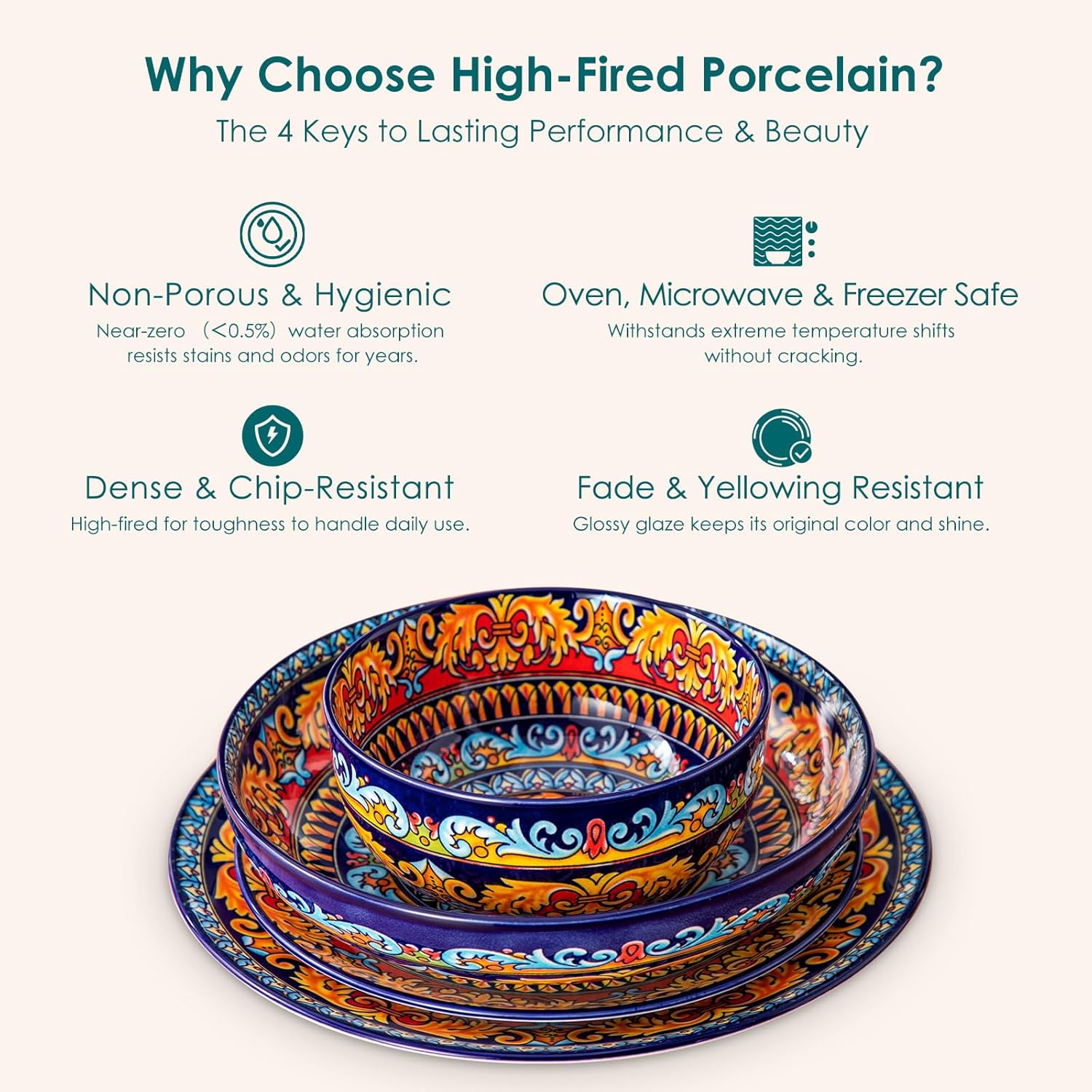 vancasso 24-Piece Dinnerware Sets,Plates & Bowls Sets Service for 6, Bohemian Porcelain Dishes Set for 6, Kitchen Dinner Set,Microwave & Dishwasher Safe, Scratch Resistant,Series KRVI