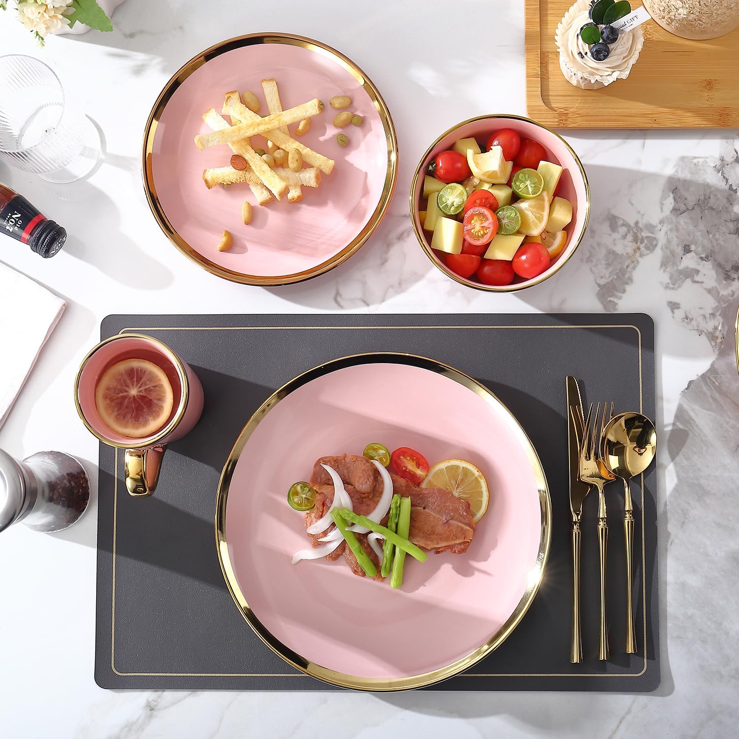 Modern Porcelain 16 Piece Pink Dinnerware Set, Stoneware Dinnerware Sets for 4,Plates and Bowls Sets, Dinnerware with Gold Trim, Gold Dish Set,Pink and Golden Rim.