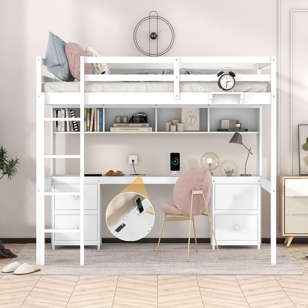 Full Size Loft Bed with Desk and Cabinets,Multifunctional Storage Solid Wood Bed Frame w/Drawers,Bedside Tray,Charging Station,Integrated Ladder,for Bedroom,Apartment,White