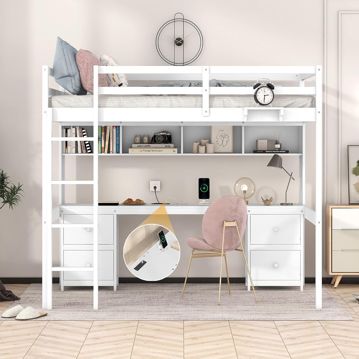 Full Size Loft Bed with Desk and Cabinets,Multifunctional Storage Solid Wood Bed Frame w/Drawers,Bedside Tray,Charging Station,Integrated Ladder,for Bedroom,Apartment,White
