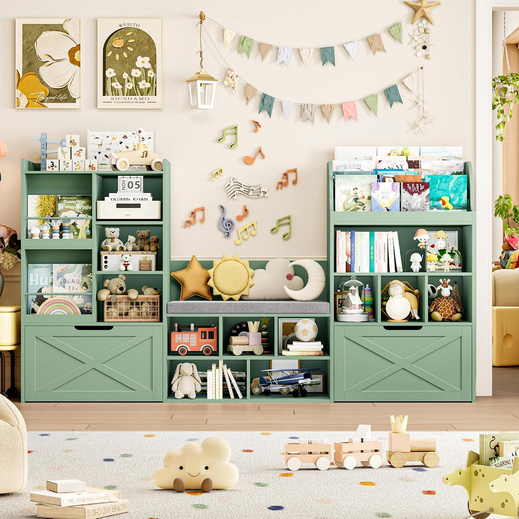 FINETONES 75' W Kids Bookshelf with Reading Nook, Large Toy Storage Toy Organizer with Seat Cushion and 2 Movable Drawers, Kids Reading Nook Kid Bench for Playroom Living Room, Green