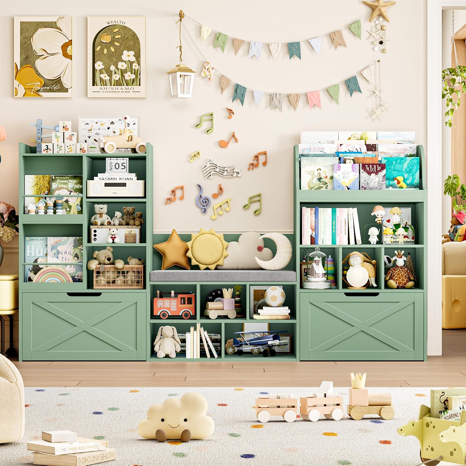 FINETONES 75' W Kids Bookshelf with Reading Nook, Large Toy Storage Toy Organizer with Seat Cushion and 2 Movable Drawers, Kids Reading Nook Kid Bench for Playroom Living Room, Green