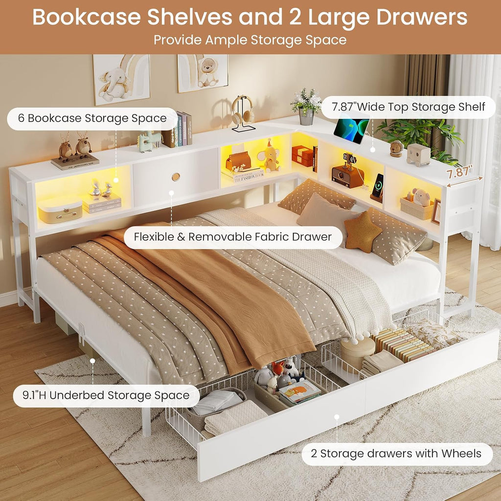 DICTAC Full Corner Bed Frame with Storage Drawers,Bookcase Headboard and Charging Station Full Size Metal Platform Corner Bed Frame with Storage and Led Lights Full Size Daybed for Teen Adult,White