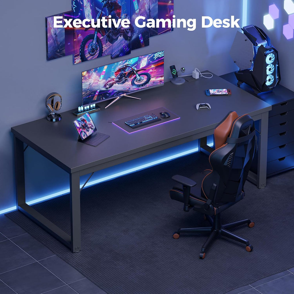 Mericonia 54 Inch Computer Desk with Power Outlets, 1.2' Thick Heavy Duty Industrial Office Desk, Modern Simple Study Writing Table for Home Office Bedroom Workstation, Black