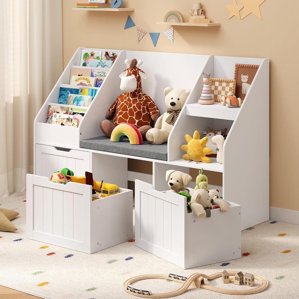 Gizoon Kids Toy Storage Organizer with Reading Nook, Kids Bookshelf with 3 Movable Drawers, Kids Reading Nook with Bench for Kidsroom Playroom and Bedroom, White, Painted