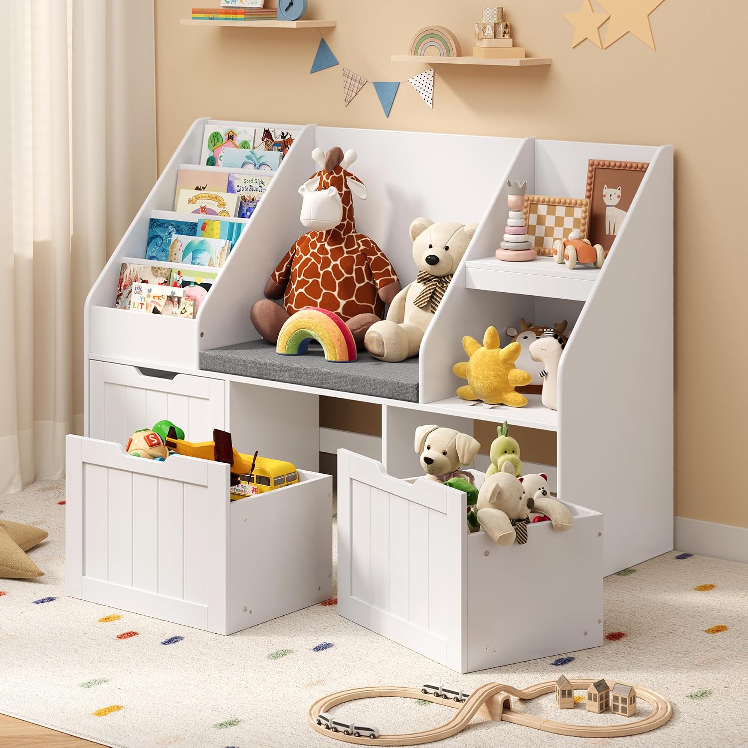 Gizoon Kids Toy Storage Organizer with Reading Nook, Kids Bookshelf with 3 Movable Drawers, Kids Reading Nook with Bench for Kidsroom Playroom and Bedroom, White, Painted