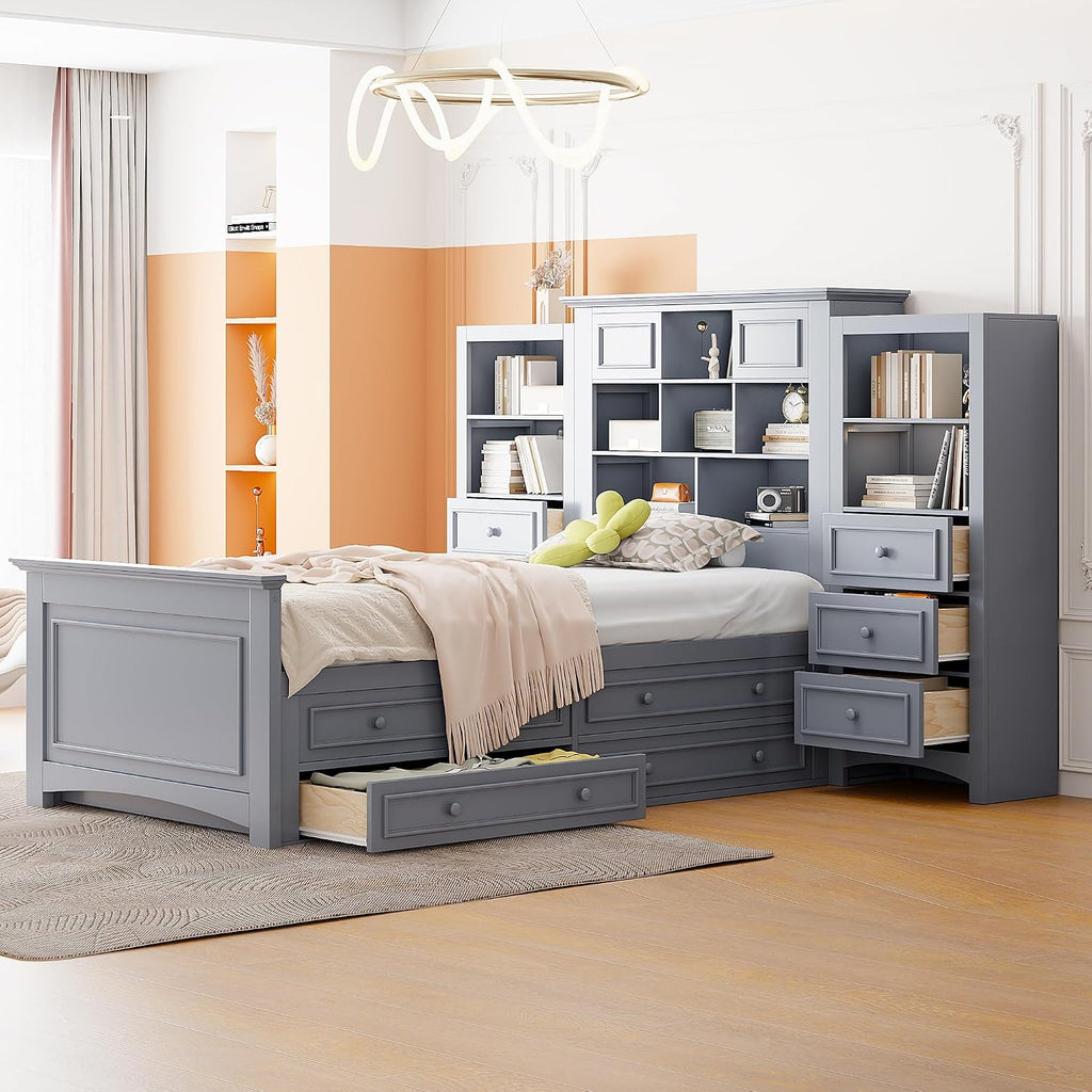 Twin Size Platform Bed with All-in-One Vertical Cabinet Bookcase, Solid Wood Captain's Bed Platform Bed Frame with 4 Drawers on Each Side, Storage Headboard (Grey-A)