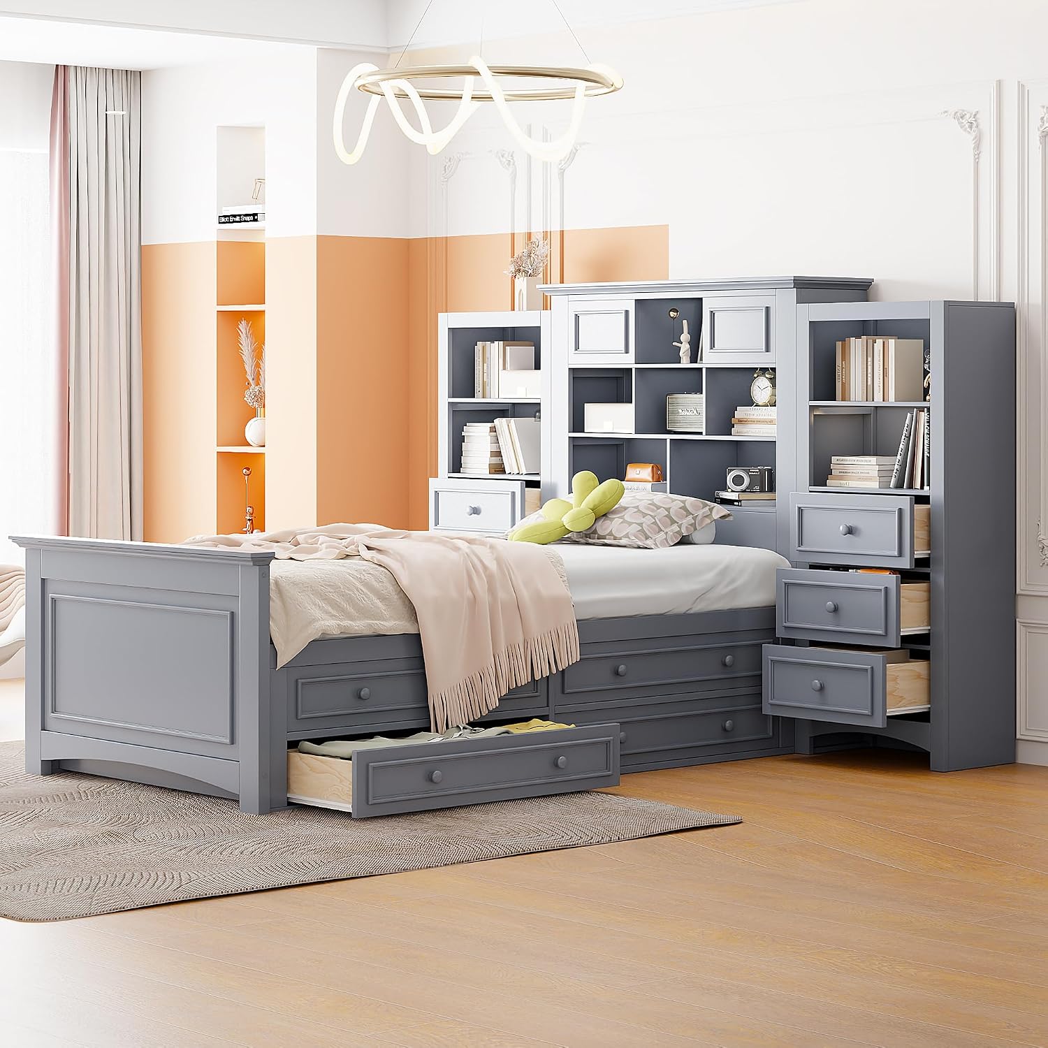 Twin Size Platform Bed with All-in-One Vertical Cabinet Bookcase, Solid Wood Captain's Bed Platform Bed Frame with 4 Drawers on Each Side, Storage Headboard (Grey-A)