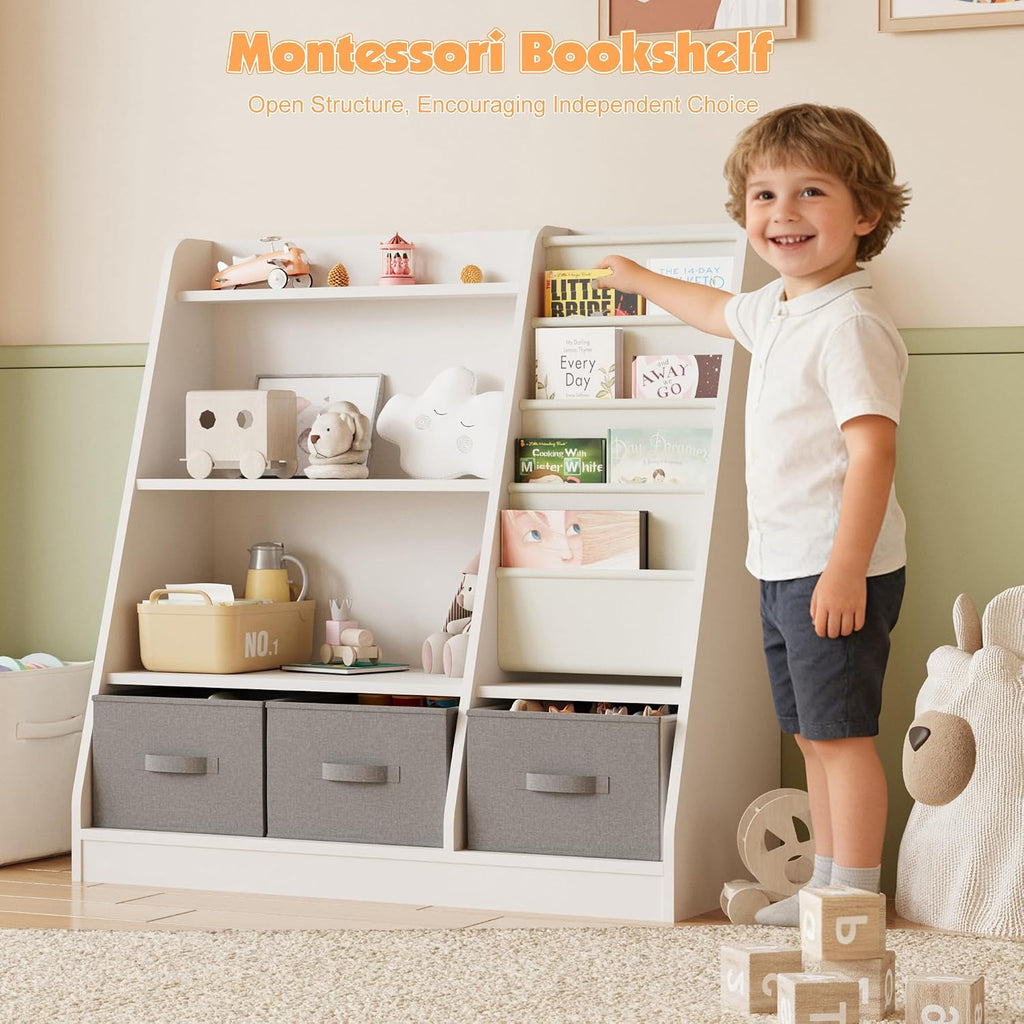 NACHES Kids Bookshelf and Toy Storage Organizer, Montessori Nursery Book Shelves with Sling Rack & Fabric Toy Bins, Toddler Baby Bookcase, Wooden Toy Shelf for Kids Room, Playroom, White-White