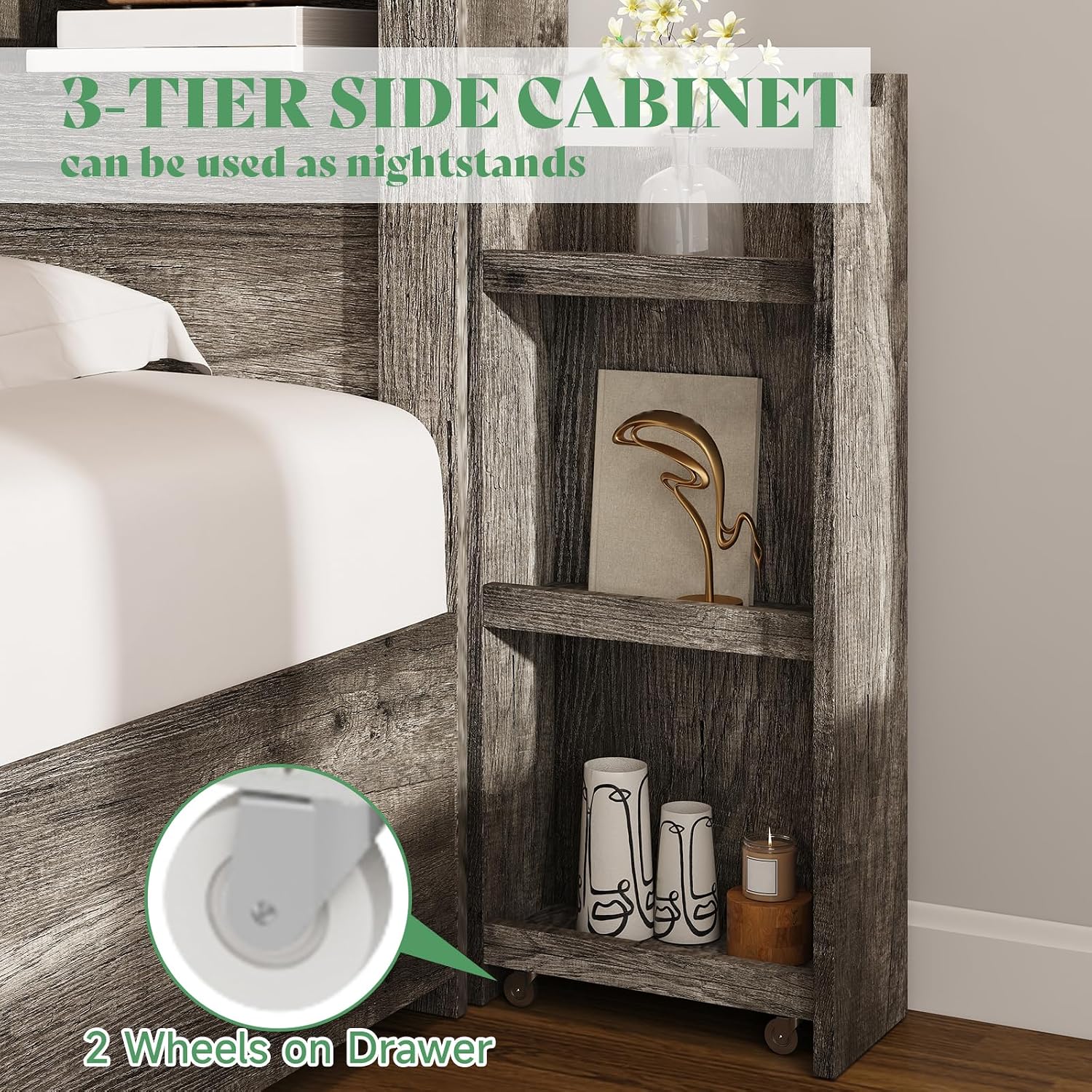 AMERLIFE Full Size Bed Frame with 4 Storage Drawers, LED Bed Frame with 49' Tall Bookcase Headboard, Wood Platform Bed with Charging Station & 2 Slide Bedside Shelf, No Box Spring Needed/Rustic Grey