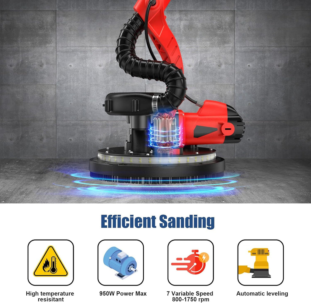 950W 8-Amp Drywall Sander with Vacuum Attachment, Lijadora para Drywall, 7 Variable Speed with Vacuum Dust Collector, Lightweight with 360° Light for Ceilng Floor Plastered Popcorn (Red)