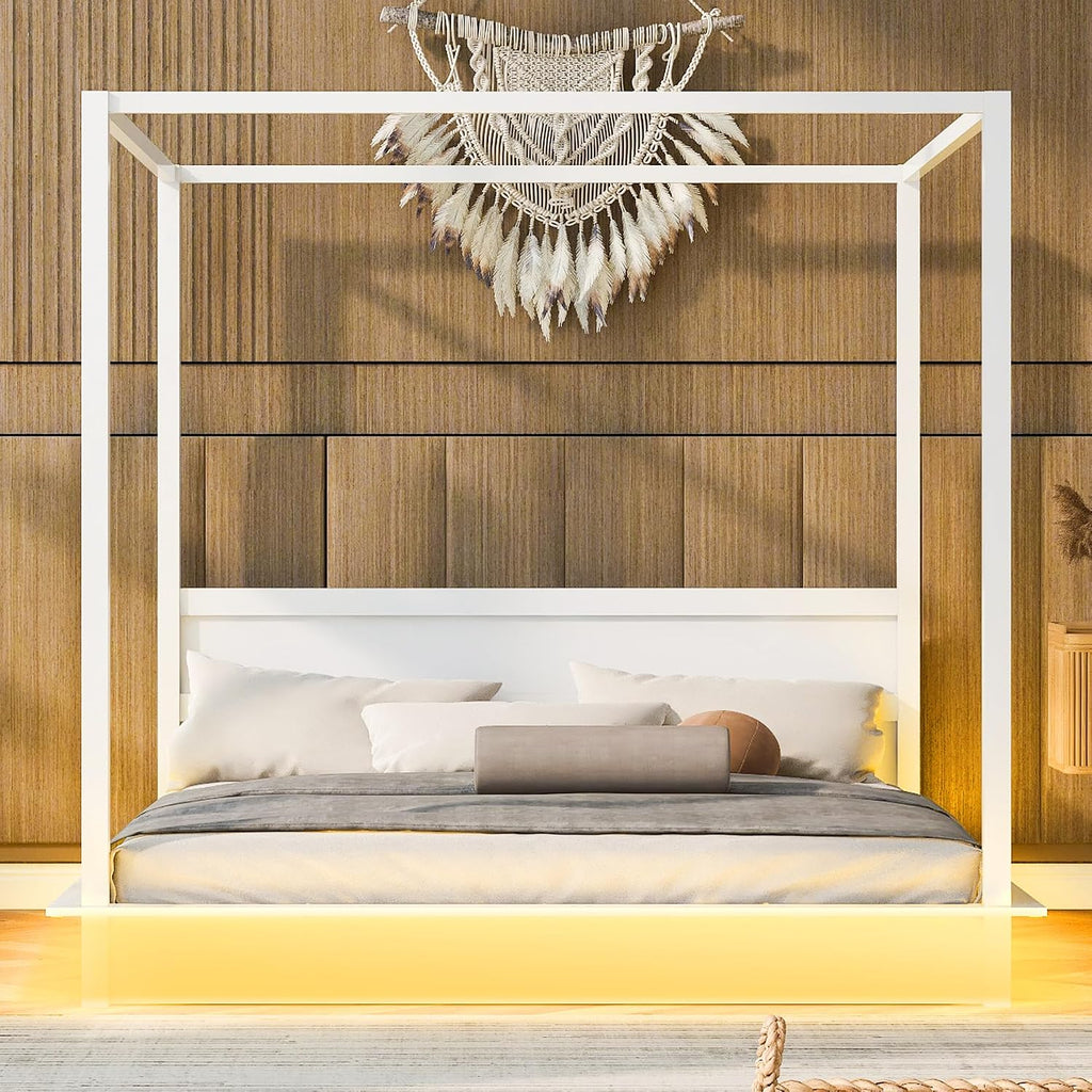King Size Canopy Platform Bed with LED Lights and Headboard, Wooden 4-Post Canopy Bed Frame with Support Slats, No Box Spring Needed (King)