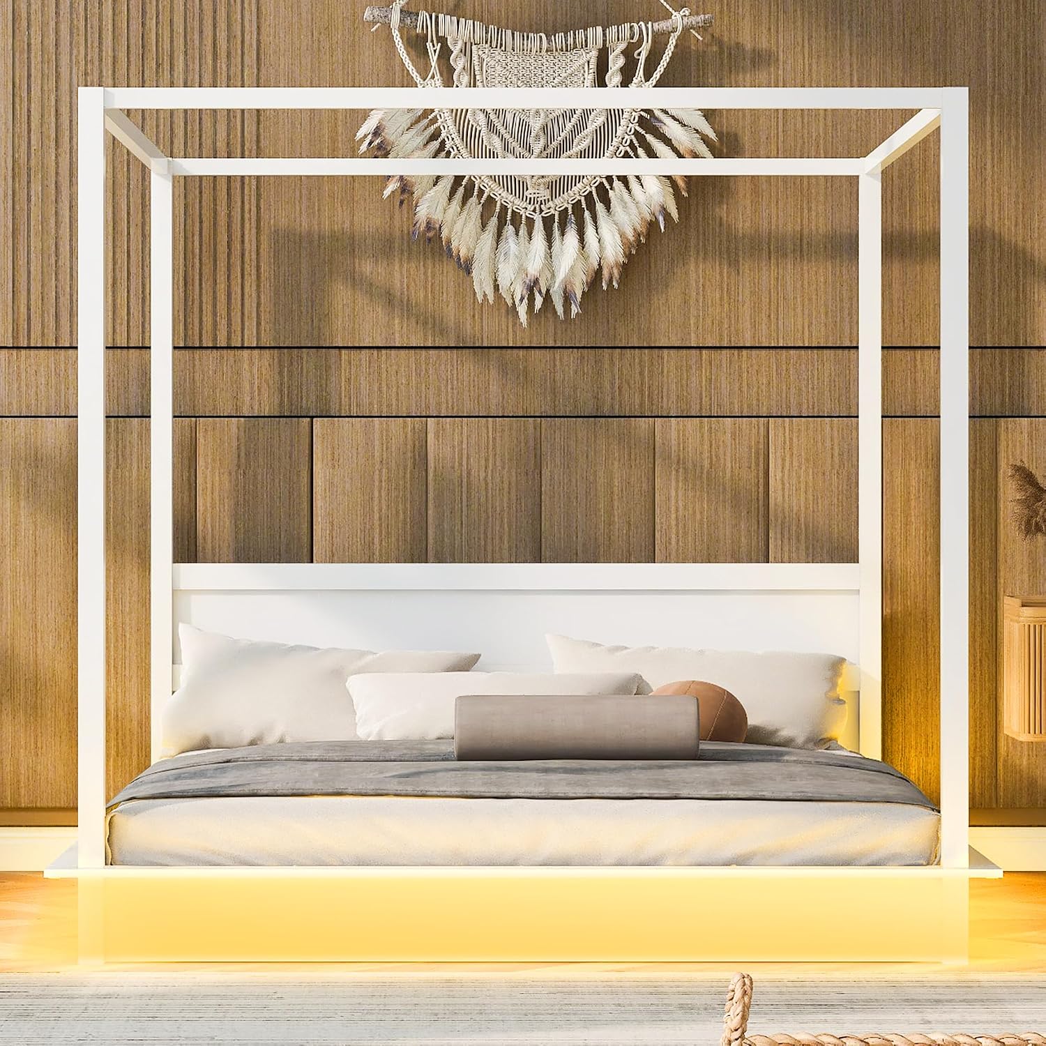 King Size Canopy Platform Bed with LED Lights and Headboard, Wooden 4-Post Canopy Bed Frame with Support Slats, No Box Spring Needed (King)