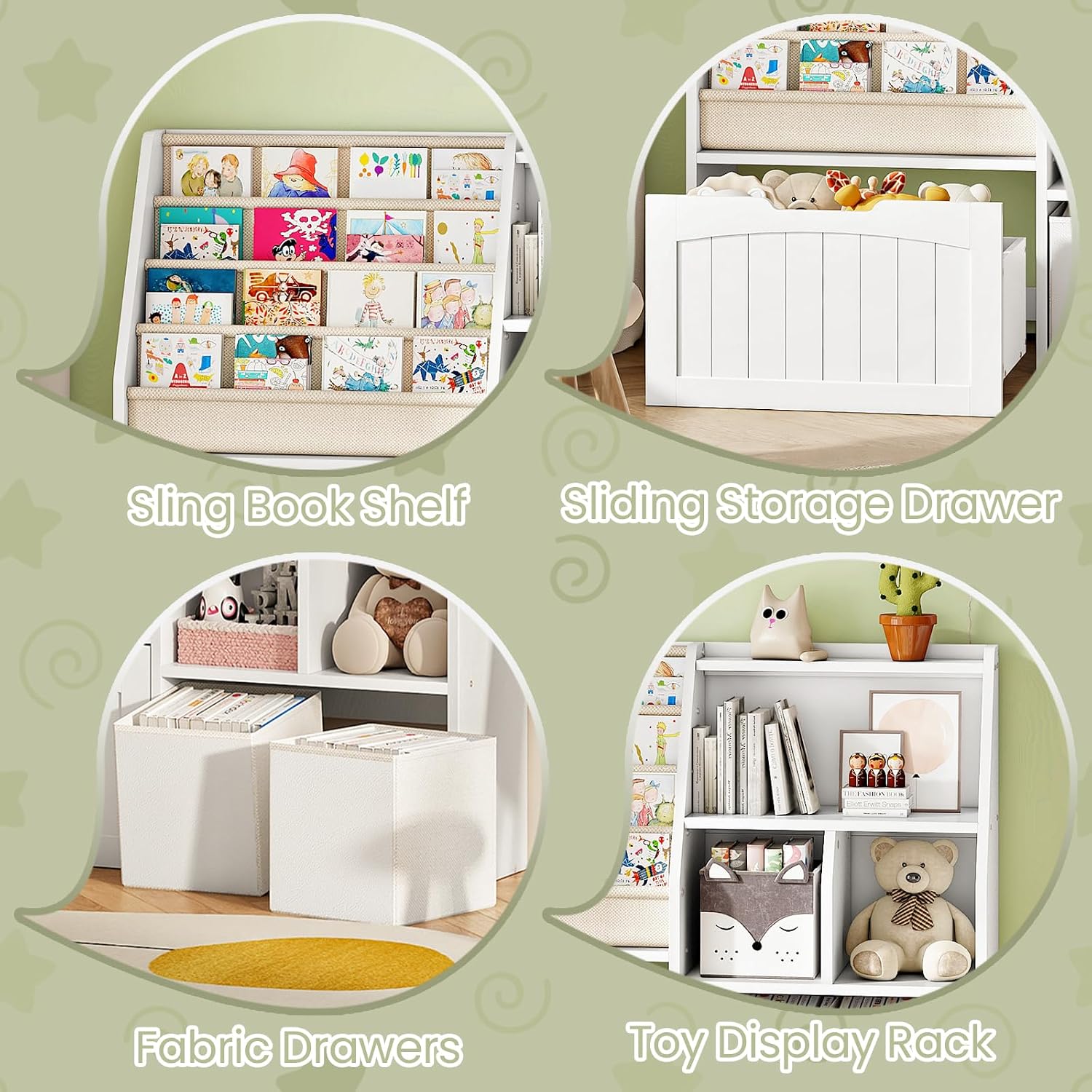 CHOEZON Kids Bookshelf, Children's Bookcase with 4 Sling Book Shelves, Toy Storage Cubby, Fabric Storage Baskets, Wooden Book Shelf for Kids' Room, Playroom, Nursery, Living Rooms, White MCW17WB