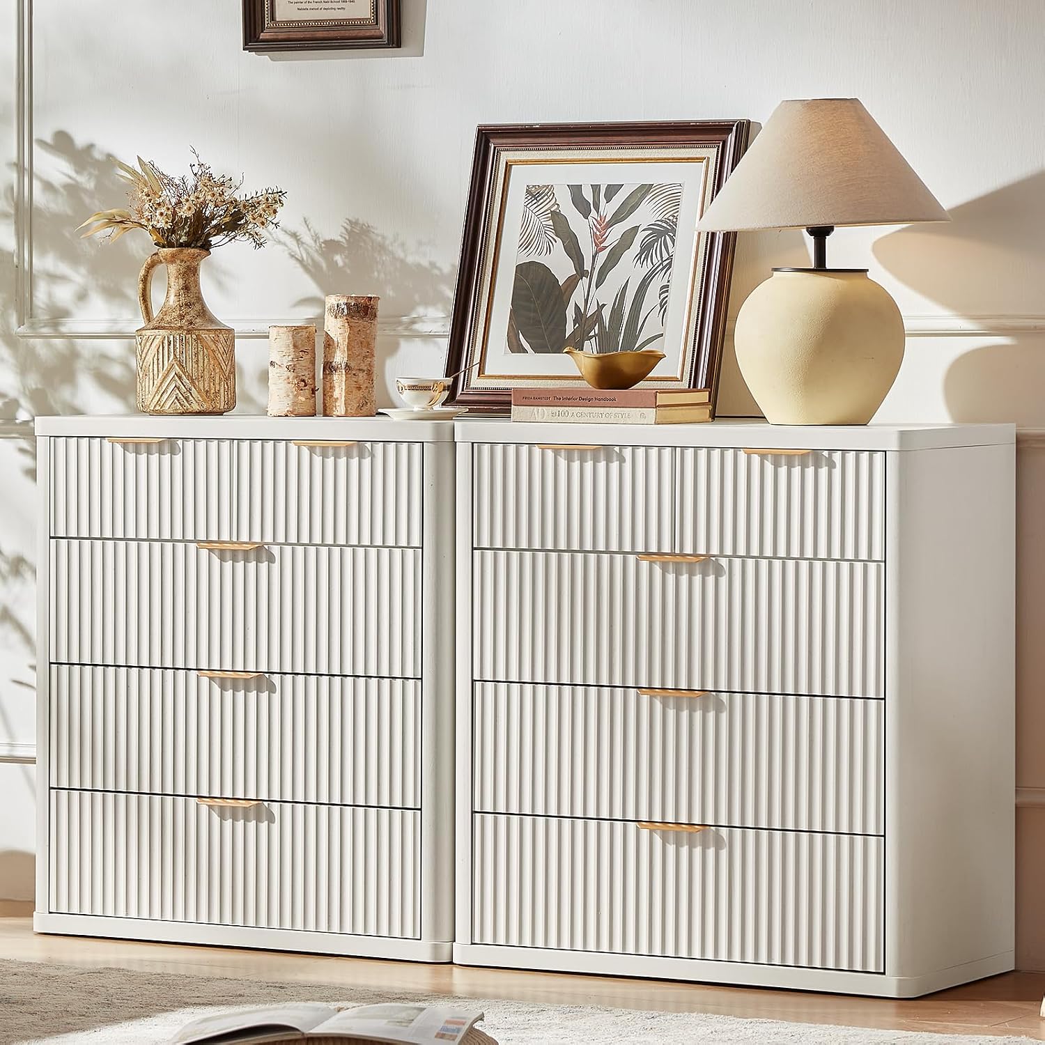 LEYAOYAO Fluted 5 Drawers Dresser for Bedroom, 34' Tall Modern Chest of Drawers with Metal Handle, Curved Profile Design,White Wood Drawer Organizer for Bedroom, Living Room, Hallway, Entryway