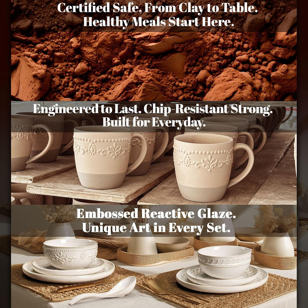 Artena Plates And Bowls Sets, 16 Pieces Dinnerware Sets, Dish Set For 4, Ceramic Kitchen Bowl And Plate Set, Embossed White Dishware Sets, Dishwasher & Microwave Safe (Wheat Leaf)