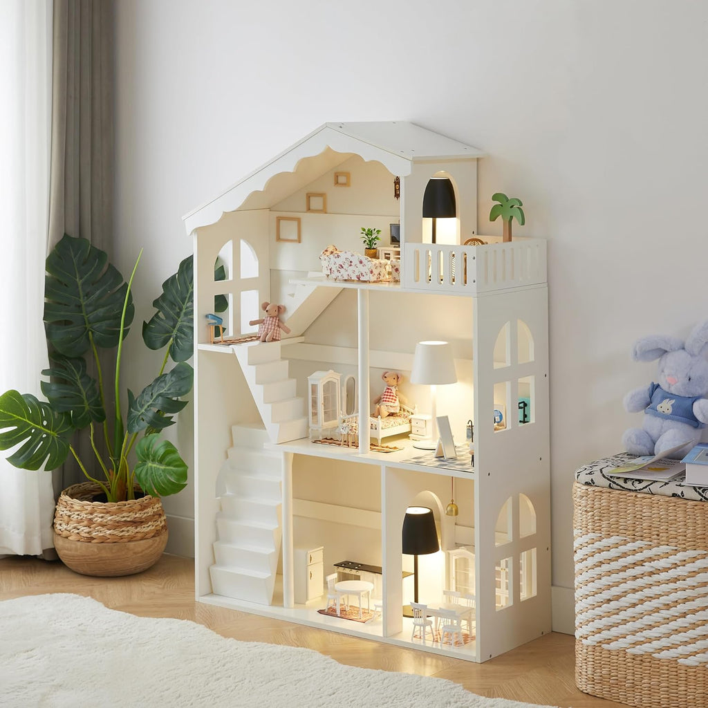 Dollhouse Bookshelf, Wooden Kids Bookshelve Children Doll House Toy Storage 3-Tier Bookcase for Books Gift for Girls Ages 3-7+
