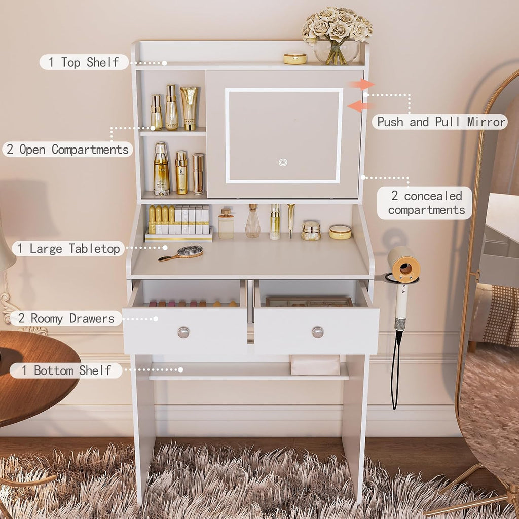 Viaozutis Vanity, Small Vanity Desk with Sliding Mirror, Dimmable LED Lights, 2 Drawers,Vanity Table Ideal for Bedroom (White)