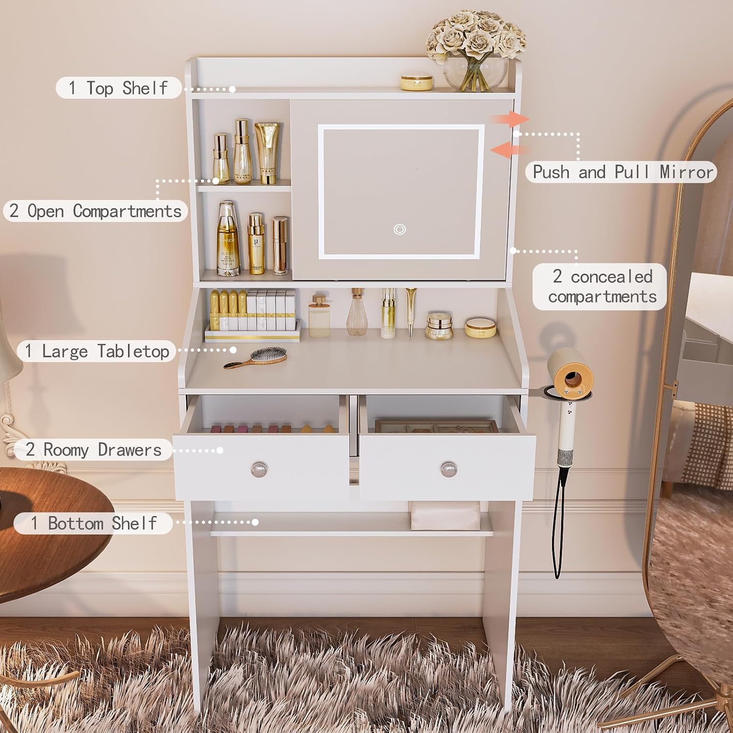 Viaozutis Vanity, Small Vanity Desk with Sliding Mirror, Dimmable LED Lights, 2 Drawers,Vanity Table Ideal for Bedroom (White)