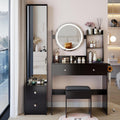 Modern Vanity Desk with Lights Detachable Full-Length Mirror Cabinet Power Outlet Makeup Dressing Table Vanity Set with Stool 4 Drawers Open Shelves for Bedroom Girl Women Vanity Gift (Black)