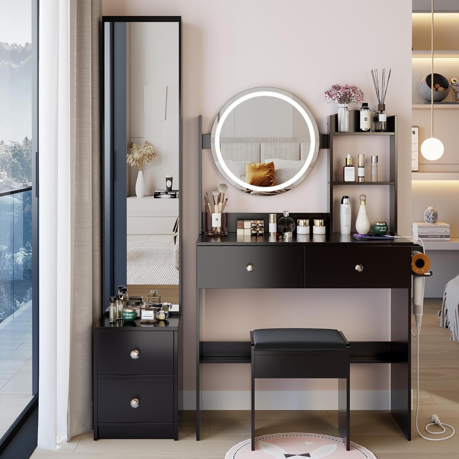 Modern Vanity Desk with Lights Detachable Full-Length Mirror Cabinet Power Outlet Makeup Dressing Table Vanity Set with Stool 4 Drawers Open Shelves for Bedroom Girl Women Vanity Gift (Black)