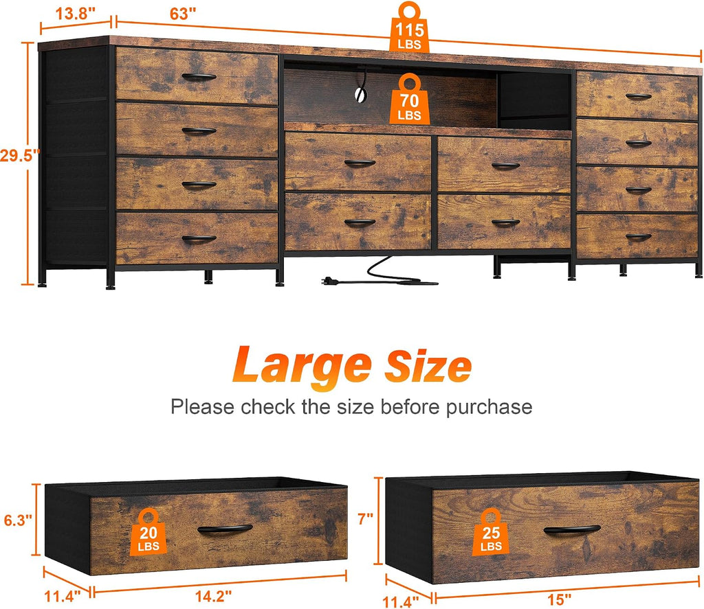EnHomee 63' W TV Stand Fits 65/70 Inch TV, 12 Drawers Dresser with LED Lights & Power Outlets, Entertainment Center Long Fabric Dresser for Bedroom, Living Room, Hallway, Rustic Brown