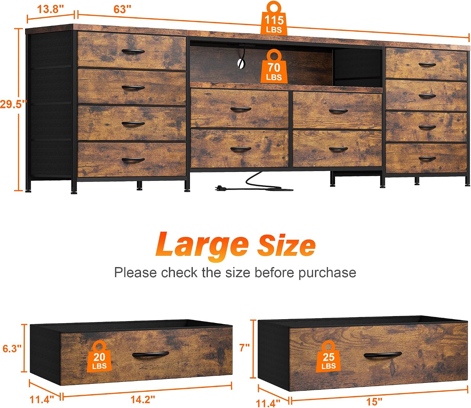 EnHomee 63' W TV Stand Fits 65/70 Inch TV, 12 Drawers Dresser with LED Lights & Power Outlets, Entertainment Center Long Fabric Dresser for Bedroom, Living Room, Hallway, Rustic Brown