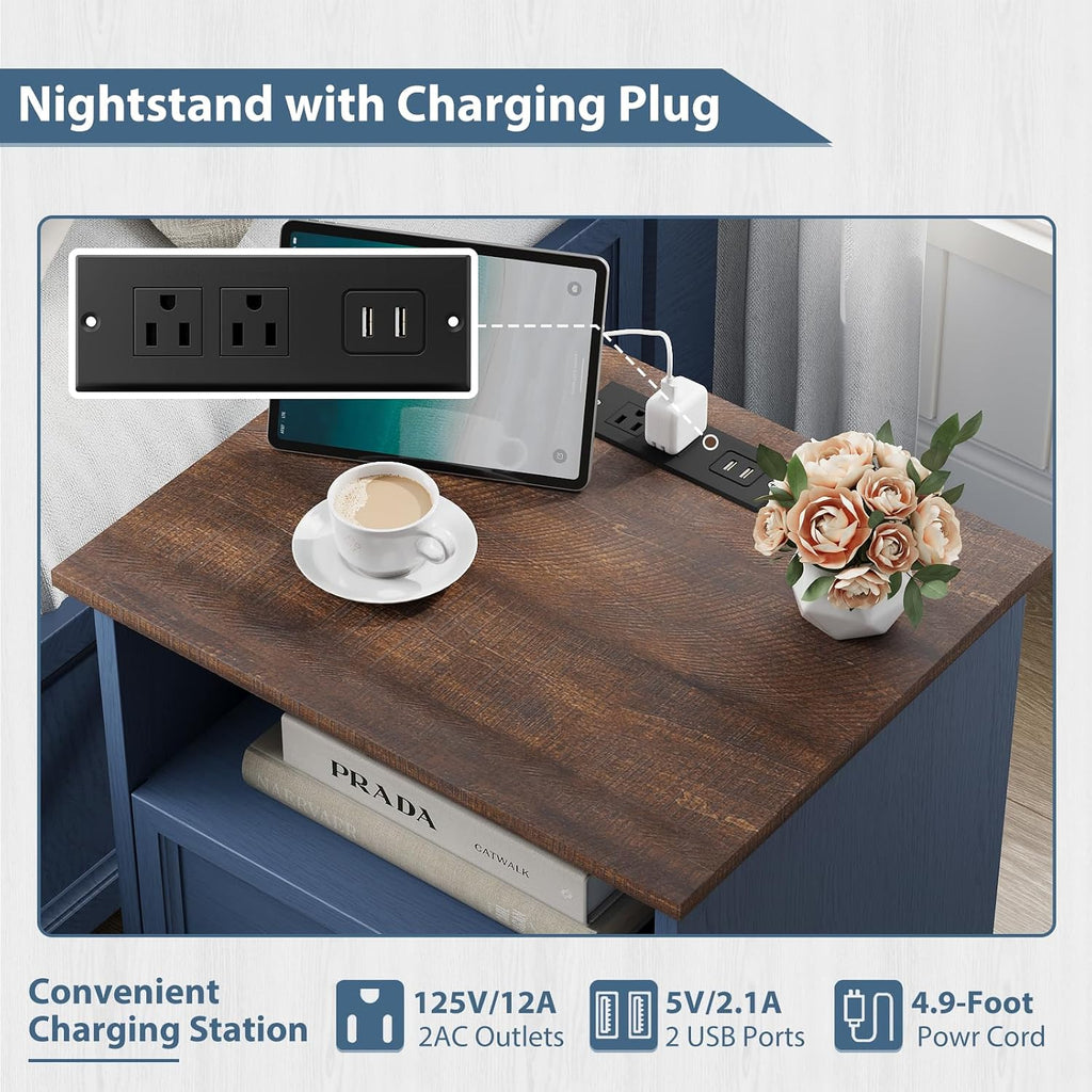 YANSNWO Blue Nightstand with Charging Station, Farmhouse End Table with 2 Drawers, Bedside Table with Space-Saving Storage Cabinet, Unique Base Design for Bedroom, Living Room