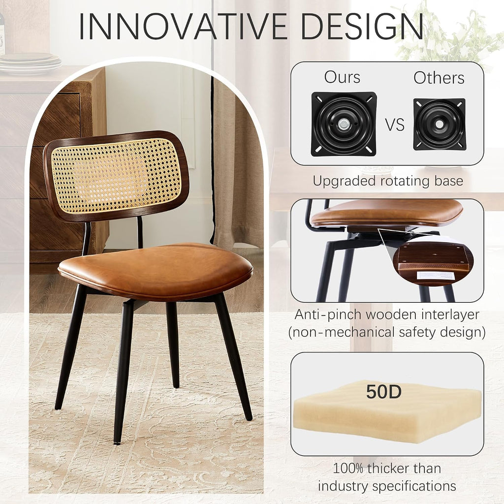 Dining Chairs, Swivel Dining Chairs Set of 4, Faux Leather & Rattan Walnut Dining Room Chairs, Bentwood & Metal Frame Upholstered Chairs with 360°Rotation, Modern Kitchen/Living Room Chair (Brown)