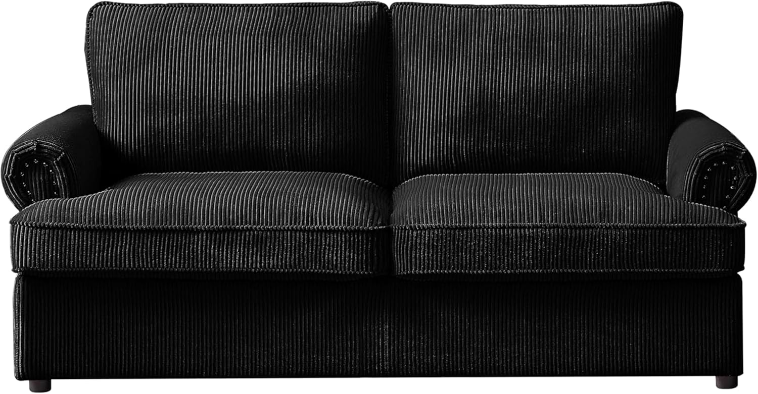 Reversible Sleeper Sofa Bed with Comfortable Memory Foam Mattress, Convertible Corduroy Full Size Pull Out Couch for Living Room, Space Saving Furniture, 76' Wide, Rounded Arms, Black