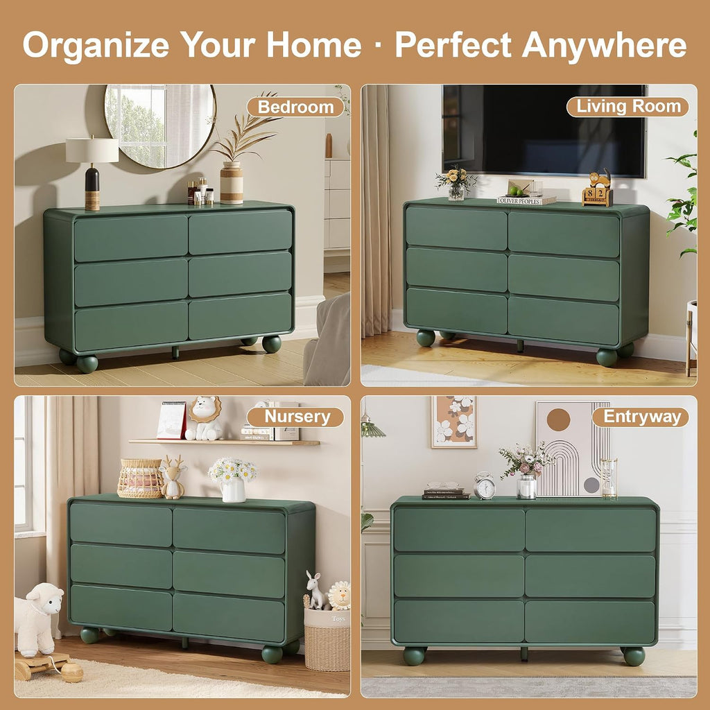 AVZEAR Modern 6 Drawer Green Dresser for Kids Bedroom, 48' Wide Wooden Dresser Chest of Drawers, Handle Free & Curved Profile Design, Mid Century Closet Clothes Storage Organizer for Living Room