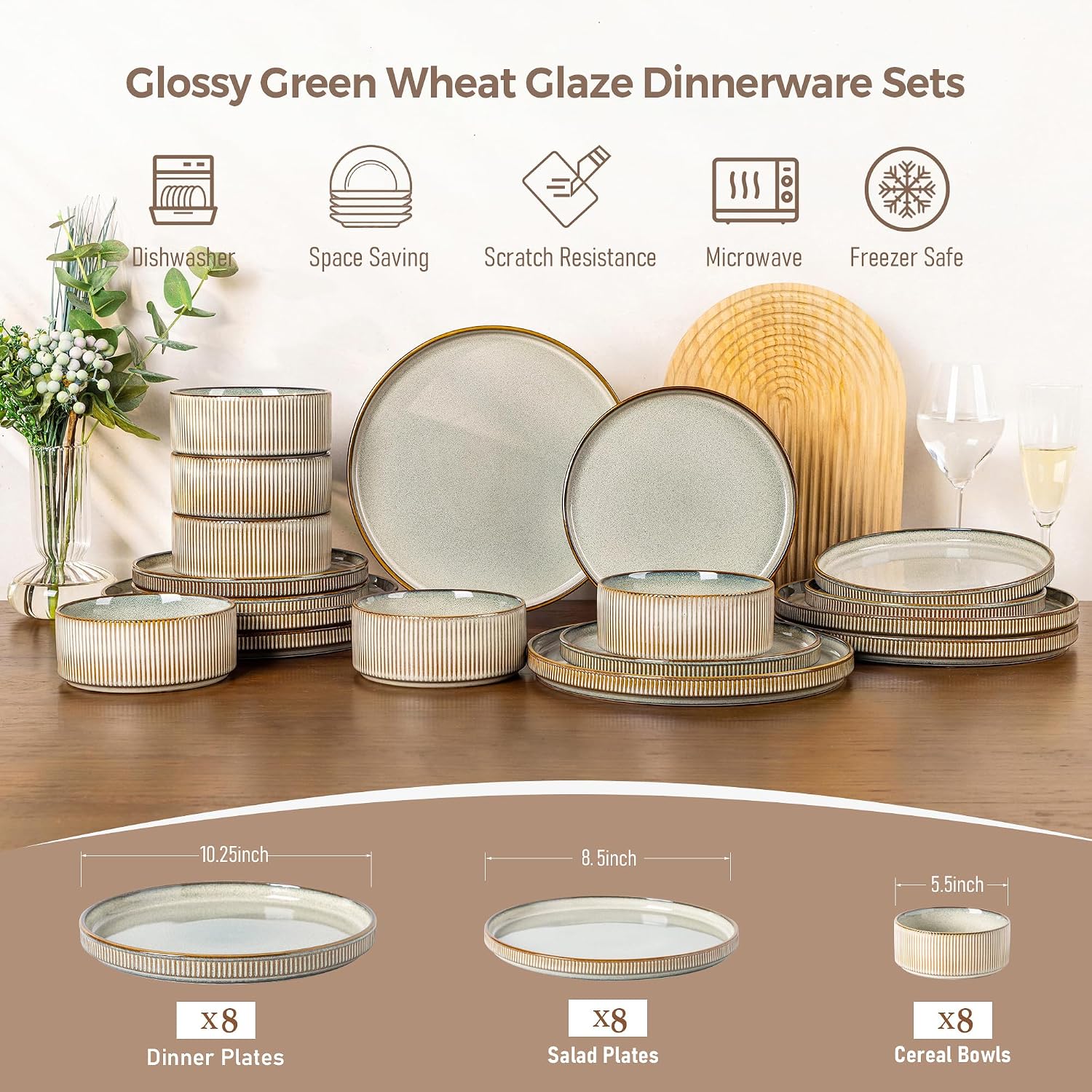 GBHOME 24-Piece Stoneware Dinnerware Set for 8 – Ribbed Ceramic Plates and Bowls, Scratch-Resistant, Microwave & Dishwasher Safe, Reactive Glaze, Reactive Glaze Green Wheat