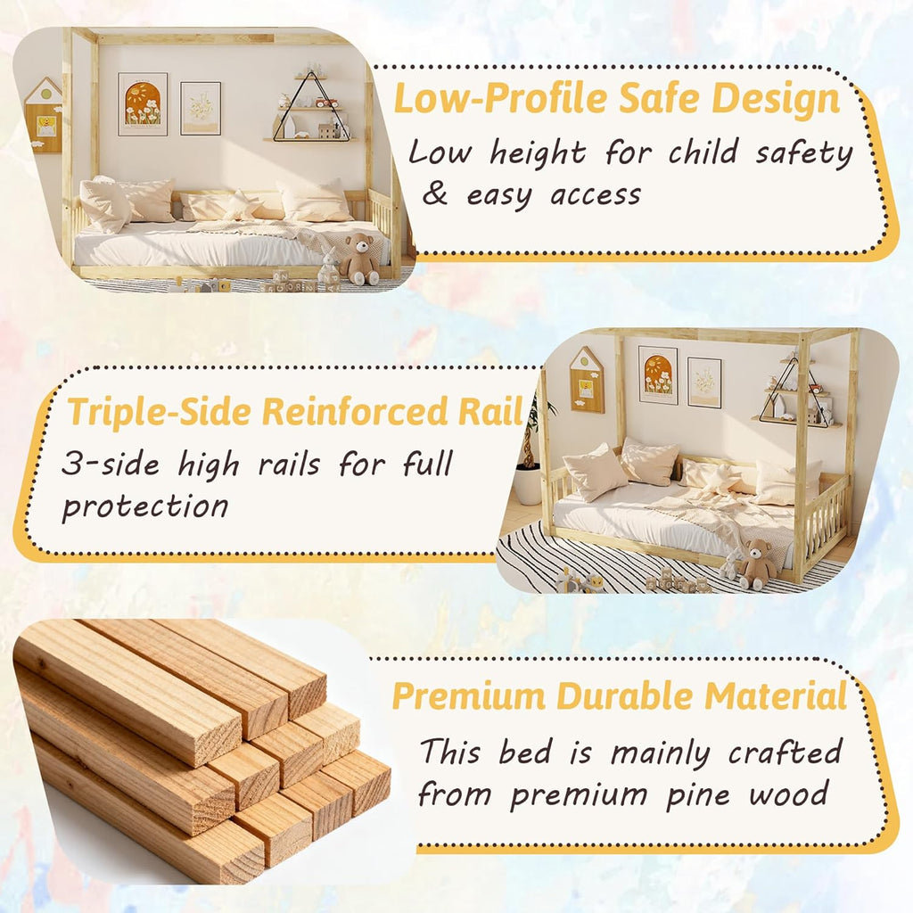 Twin Size Montessori Floor Bed with Canopy Frame and High Guardrails, Solid Wood Twin Canopy Bed with 4 Posters, Safe and Stylish Canopy Twin Bed for Kids Girls Boys,Natural