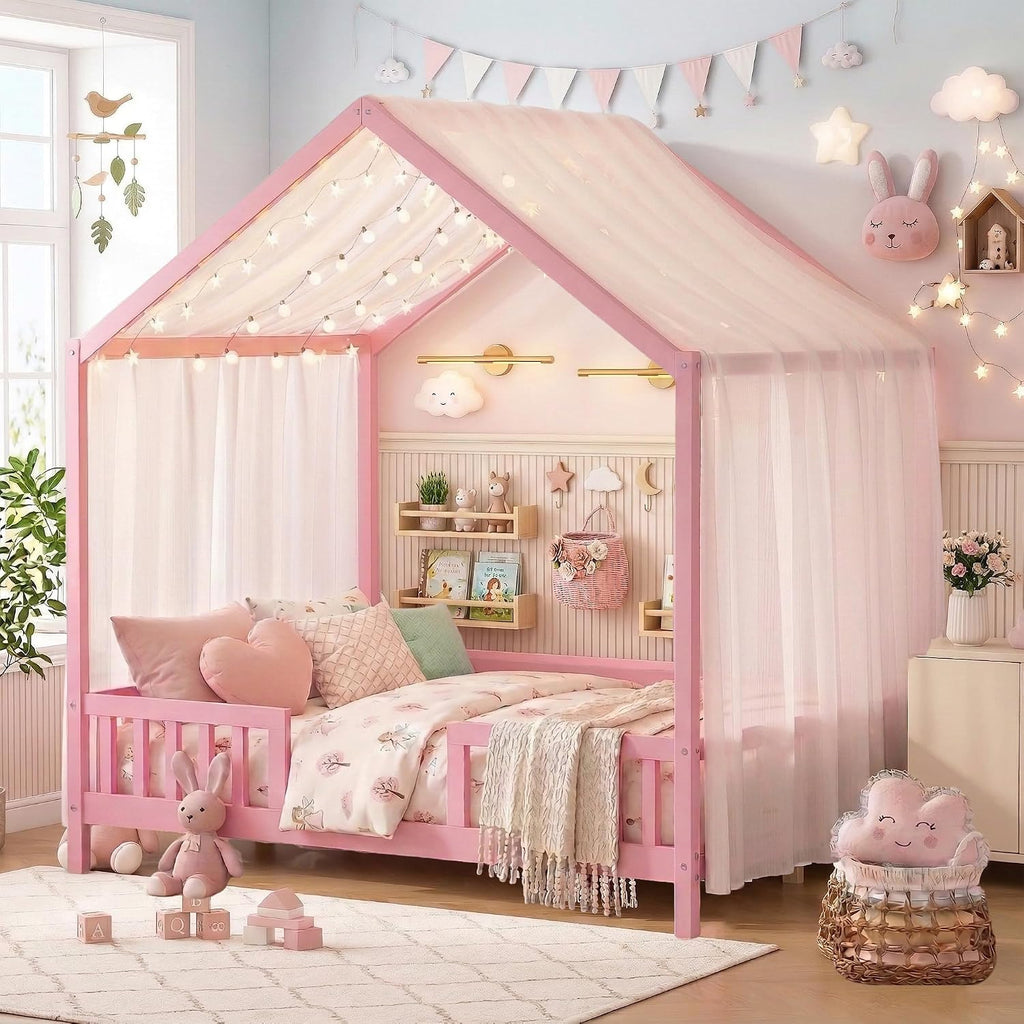 Full Montessori Floor House Bed with High Rails, Wood Kids Low Floor Bed with Roof & Canopy, Montessori Full Kids Bed Frame for Girls, Boys,No Box Spring Needed, Pink