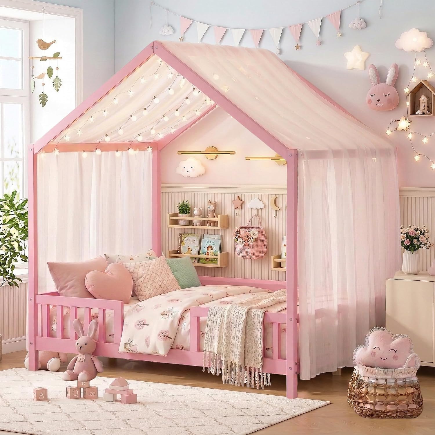 Full Montessori Floor House Bed with High Rails, Wood Kids Low Floor Bed with Roof & Canopy, Montessori Full Kids Bed Frame for Girls, Boys,No Box Spring Needed, Pink