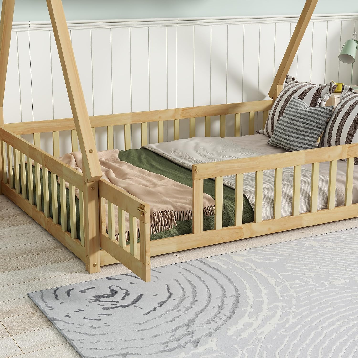 Bellemave Full Size Tent Floor Bed for Kids,Montessori Floor Bed with Door and Guardrails,Teepee Bed for Girls Boys(Full,Natural)