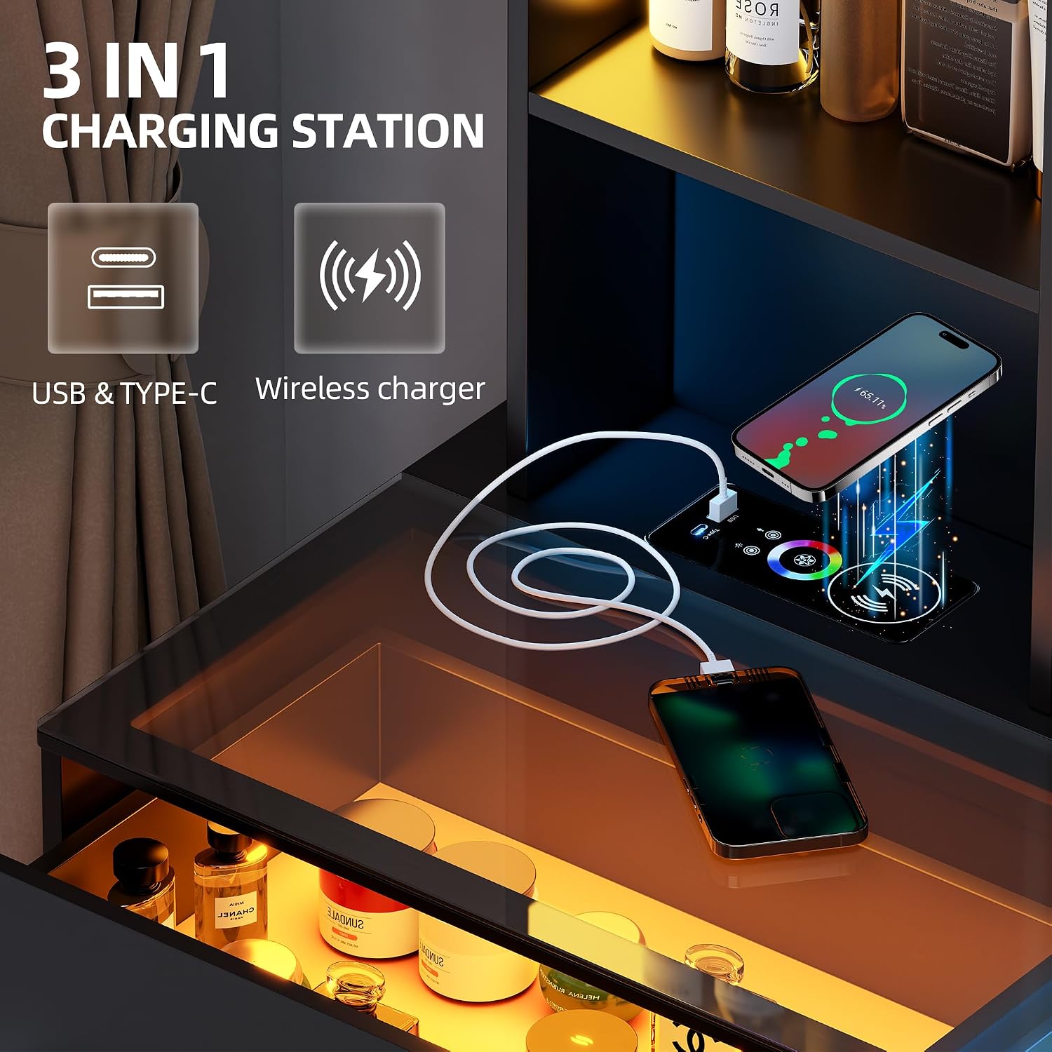Glass Top Makeup Vanity Desk with RGB LED Light & Adjustable Mirror, Modern Makeup Dresser with Charging Station,Vanity Table Set with 6 Drawers & Hair Dryer Holder for Bedroom,Black