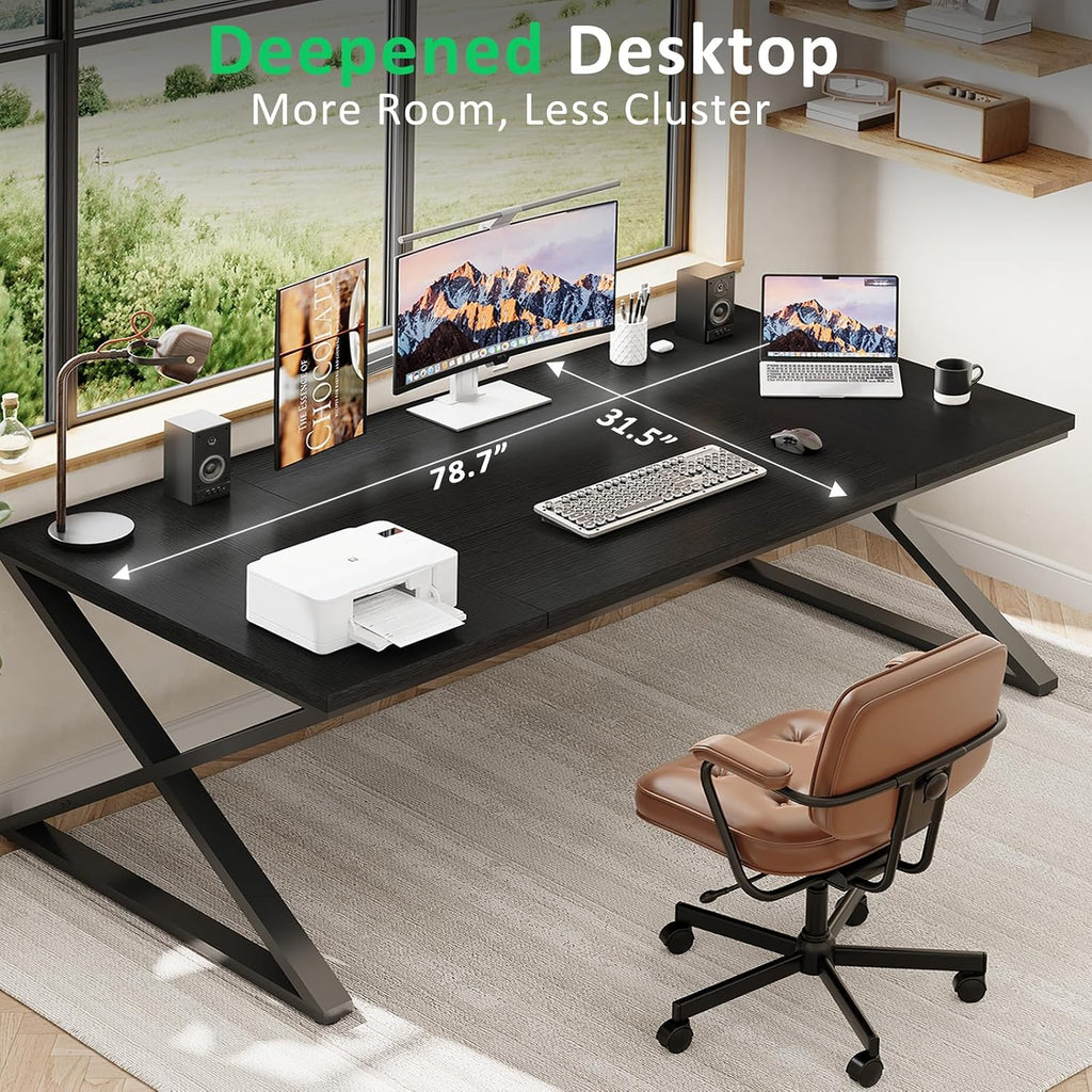 IBF Black Desk, Large Home Office Work Desk, 78.7' Long Computer Desks, Simple Wide Study Writing Desk, Wood Metal Double PC Executive Workstation Gaming Desk Computer Table for Bedroom, Black Oak