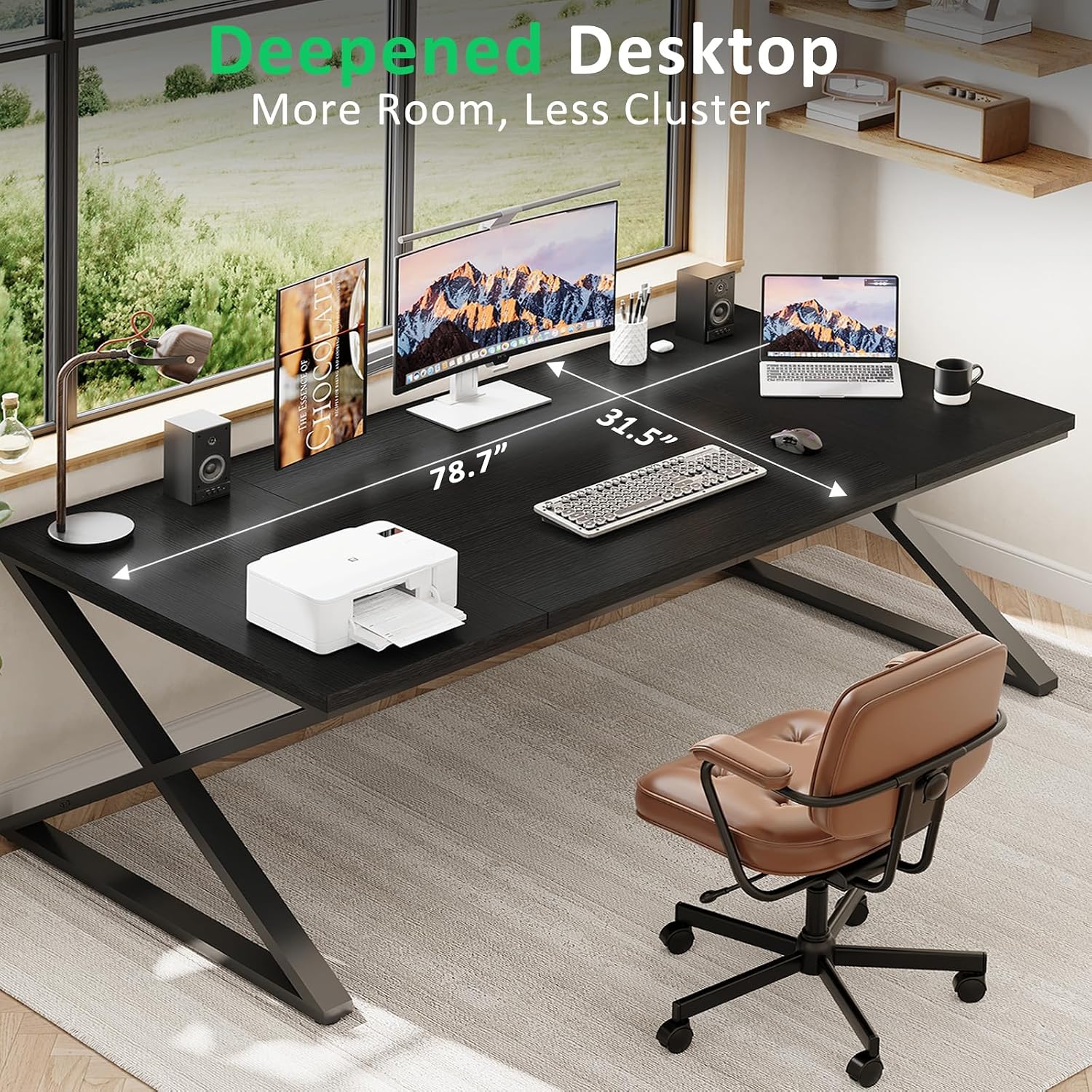 IBF Black Desk, Large Home Office Work Desk, 78.7' Long Computer Desks, Simple Wide Study Writing Desk, Wood Metal Double PC Executive Workstation Gaming Desk Computer Table for Bedroom, Black Oak