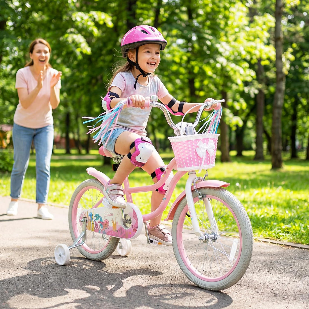 HONEY JOY Kids Bike, 12 14 16 18 Inch Girls Bike w/Training Wheels, Streamers, Basket, Handbrake & Coaster Brake, Fully Enclosed Chain, Mermaid Princess Children Bike for 3-8 Years Old