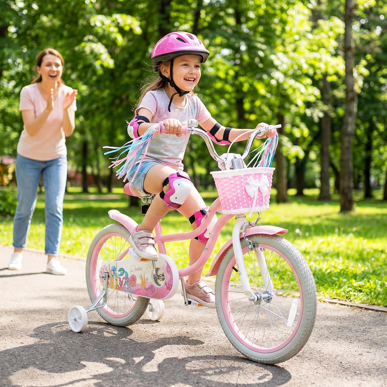 HONEY JOY Kids Bike, 12 14 16 18 Inch Girls Bike w/Training Wheels, Streamers, Basket, Handbrake & Coaster Brake, Fully Enclosed Chain, Mermaid Princess Children Bike for 3-8 Years Old